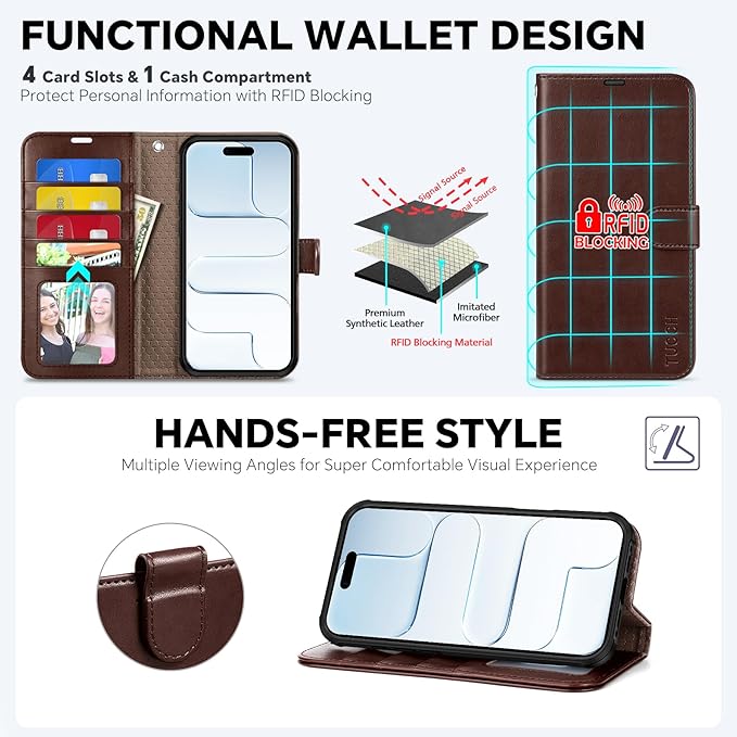 TUCCH 2-in-1 Detachable Wallet Case for iPhone Air (6.5-inch) 2025, Wireless Charging | RFID Blocking 4 Card Holders | Wrist Strap | Kickstand | Magnetic | PU Leather Folio Cover | Chocolate Brown