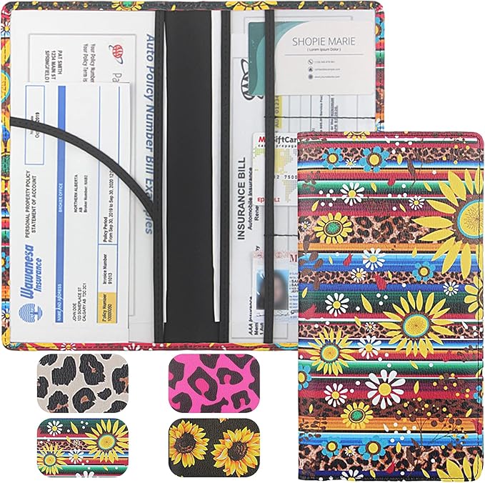 Premium Car Registration & Insurance Card Holder with Magnetic Shut, Vehicle Glove Box Car Organizer - For Documents, Cards, License (Sunflower A)