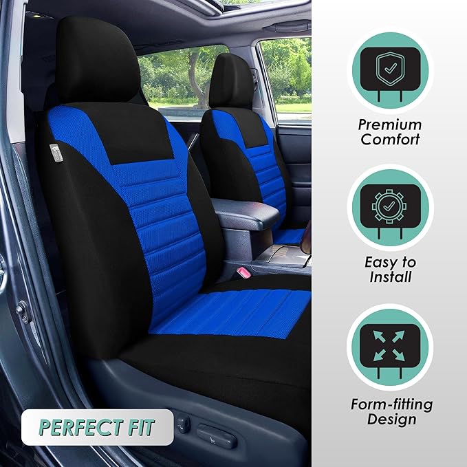 FH Group Automotive Car Seat Covers Full Set Premium 3D Air Mesh Front Seat Covers, Airbag Compatible & Split Bench Cover Universal Fit Interior Accessories for Cars Trucks and SUVs - Blue