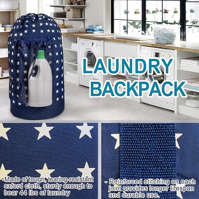 Dalykate Backpack Laundry Bag, Laundry Backpack with Shoulder Straps and Mesh Pocket Durable Nylon Clothes Hamper Bag with Drawstring Closure for College, Travel, Laundromat, Apartment