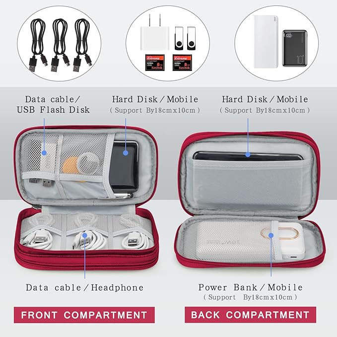 Skycase Electronic Organizer Travel Case - Waterproof Travel Cord Pouches for Organization, Cable Organizer, All-in-One Double Layers Storage Bag for Accessories, Charger, Cable, Wine Red