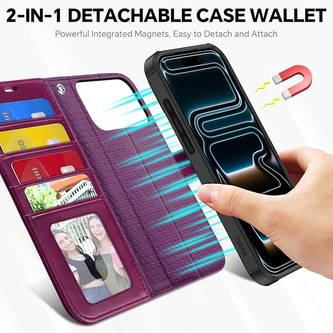 TUCCH Detachable Case Wallet for iPhone 17 Pro Max (6.9") 2025, Wrist Strap | 4 Card Slots RFID Blocking | Wireless Charging | Stand | 2-in-1 Magnetic | PU Leather | Shockproof Cover | Plum Purple