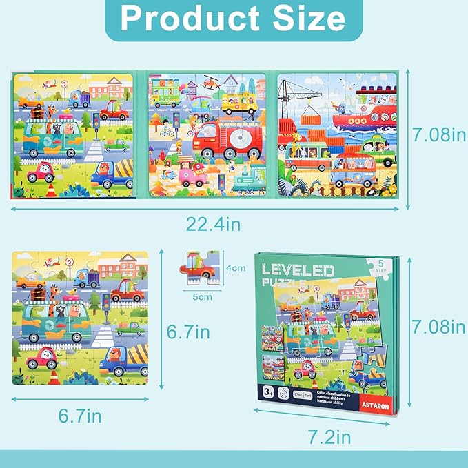 ASTARON Magnetic Puzzles for Toddlers, 25-30-42 Pieces Traffic Learning Magnet Puzzles for Road Trip, Educational Travel Toys Car Plane Activities for Kids, Kids Birthday Gifts
