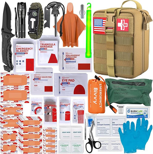 [Upgrade] Survival First Aid Kit Outdoor Molle System with Tactical Gear Set Trauma Kit for Camper Travel Hunting Hiking and Adventures