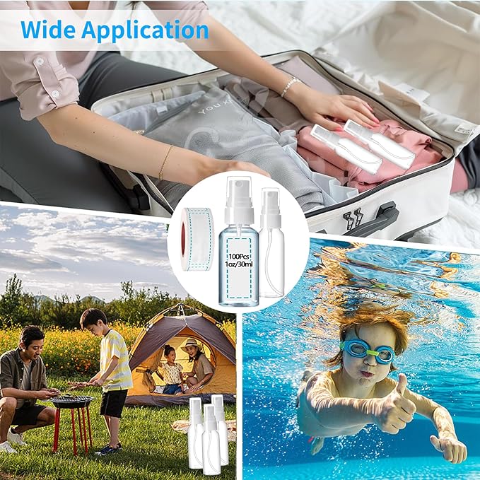 100PCS 1oz/30ml Small Mini Spray Bottles with 150pcs Labels, Clear Travel Spray Bottles Refillable Fine Mist Plastic Empty Bottle, Refillable Cosmetic Containers for Plants,Cleaning, Misting&Skin Care