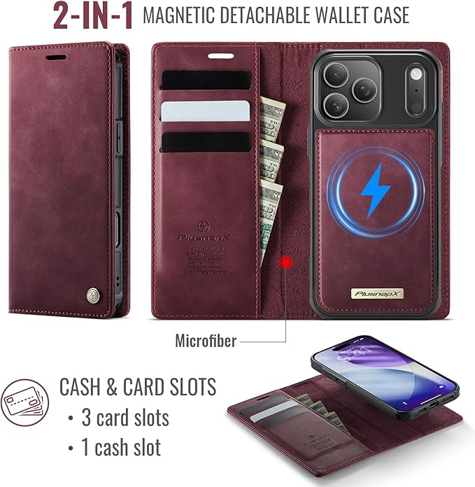 PlusnapX Wallet Case for iPhone 17 Pro Compatible with Magsafe, 2-in-1 PU Leather Flip RFID Blocking Card Holder Stand Shockproof Magnetic Detachable Case for iPhone 17 Pro Case 6.3", Burgundy