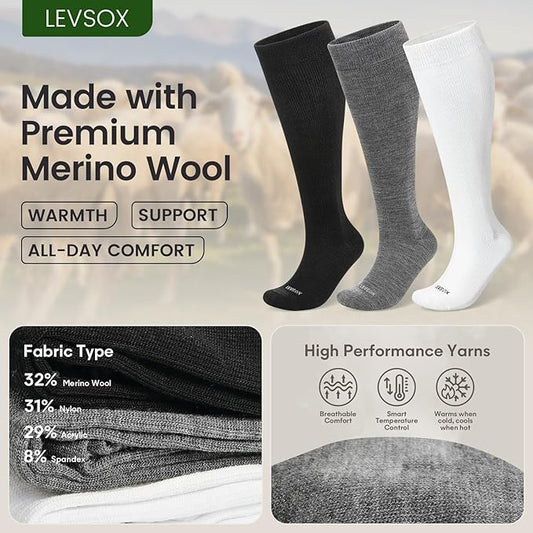 LEVSOX Merino Wool Compression Socks for Women & Men 20-30 mmHg Knee High Graduated Support Socks for Nurses Pregnancy Travel
