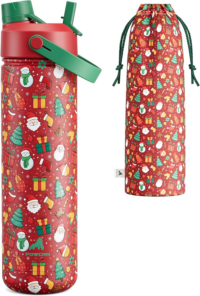 26 oz Christmas Insulated Water Bottle with 2-in-1 Straw and Spout Lid, Keep Cold 24H, Leak-Proof, Fits in Car Cup Holder, Stainless Steel Water Bottle for Gift, Party, Holiday (Santa's Jolly Crew)