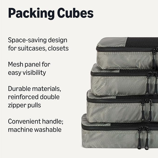 Amazon Essentials 4-Piece Packing Cubes Travel Accessories Set, Luggage Organizer with Double Zipper, Mesh Top, 100% Polyester, Slim, Gray (Previously Amazon Basics)