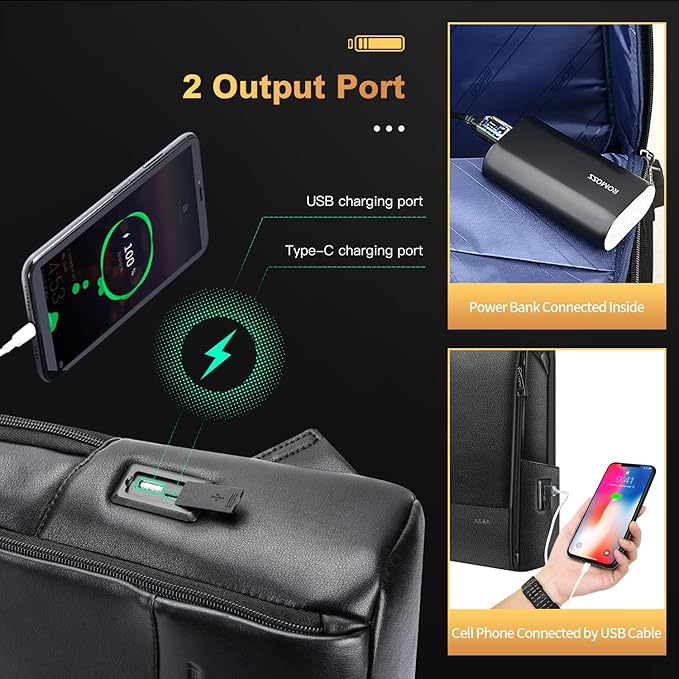 BOPai Unisex Slim Genuine Leather Laptop Backpack Men for 15-15.6 inch Business Smart Professional Lightweight Backpack with USB Charging Office Commuter Computer Rucksack Executive Anti Theft Black