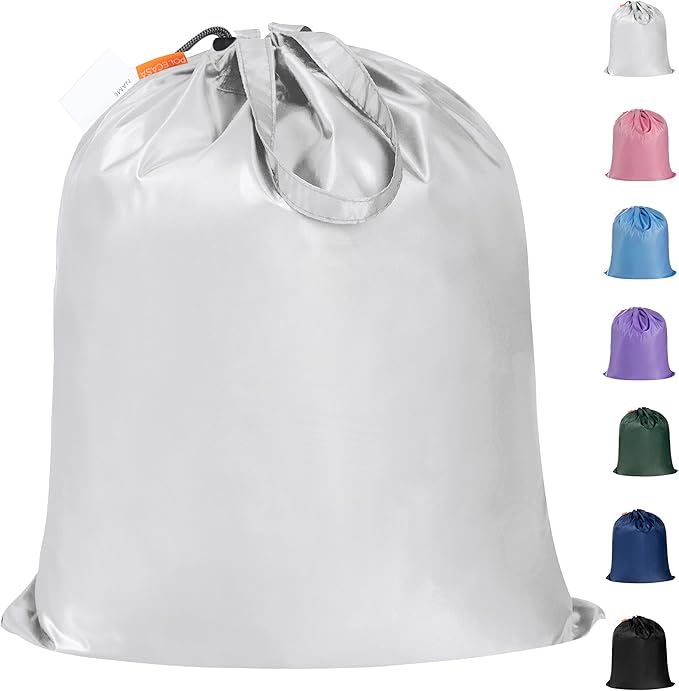 Polecasa Small Heavy Duty Laundry Bag with drawstring closure and Reinforced Handles, Easy to Carry Dirty Clothes Drawstring Bag for Travel, Camp 21”x24”, Silver