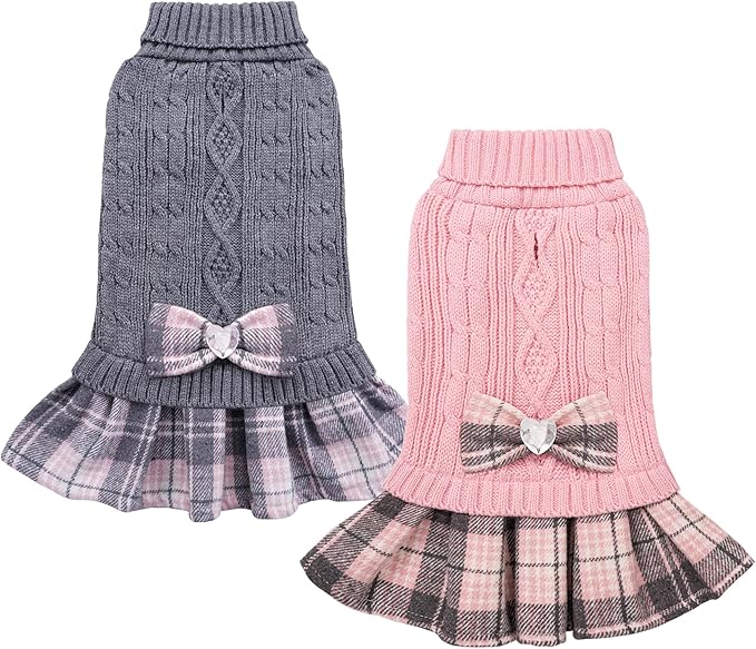 YUDODO 2 Pack Small Dog Sweater Dress with Bowtie Turtleneck - Knitted Pet Girl Dog Winter Clothes - Pet Warm Sweater for Puppy Yorkies, Chihuahua (M Grey+Pink)