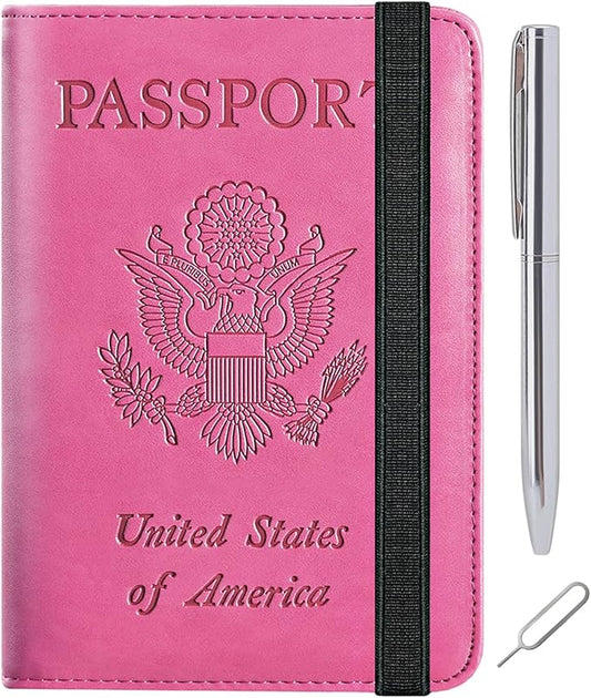 Passport Holder Cover Wallet Travel Essentials RFID Blocking Leather Card Case International Must Haves Travel Accessories for Women Men(113#Pink)