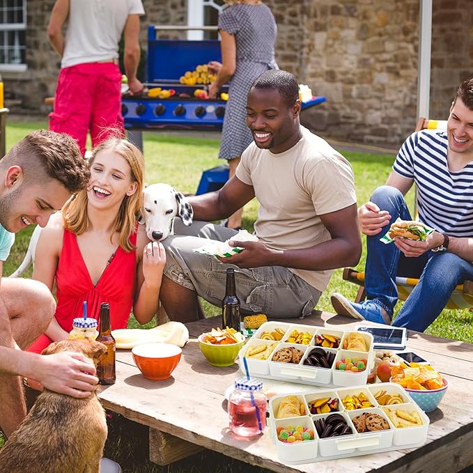 2PCS Divided Snackle Box Dishwasher Safe, Air-tight Snack Box Container, Portable Snack Platters, Divided Serving Tray with Lid and Handle for Candy Fruits Nuts, Veggie Tray 4+8 Compartments