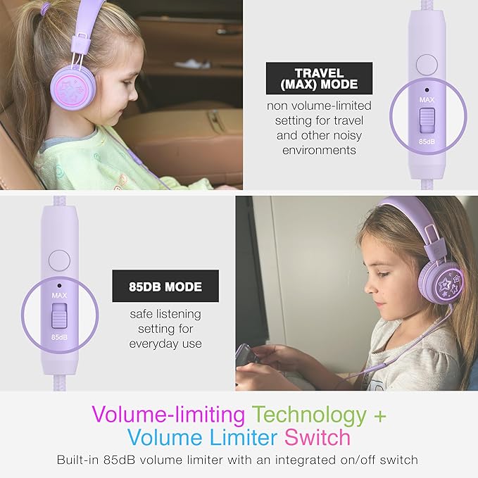 MEE audio KidJamz KJ55 Personalized USB-C Safe Listening Wired Headphones for Kids with Custom LED-Backlit Design, Volume Limiter, & Microphone for iPhone 15, iPad, & USB Type C Devices (Lavender)