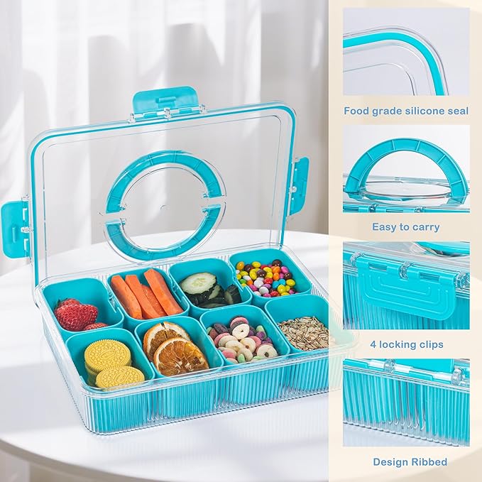 Patent Design Ribbed Snackle Box Container Divided Serving Tray with Lid and Handle -Charcuterie Container Portable Storage Organizer for Candy, Fruit, Beach, Picnics（1 pcs, Lake blue）