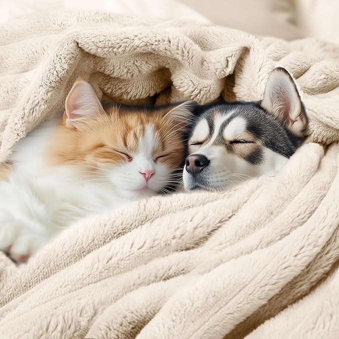 LINENLUX 1 Pack 3 Soft Dog Blanket Washable Warm Fleece Cat Blankets for Pet Puppy Fluffy Calming Flannel Brown/White/Blue Large