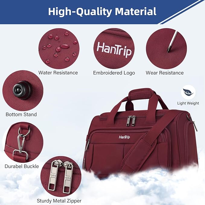 HanTrip Carry on Duffel Bag Foldable Duffle Bags for Travel, Under Seat Personal Item Bags for Airplanes, Weekender Overnight Mens Travel Tote Bag for Women Small Softside Carry on Luggage (Burgundy)