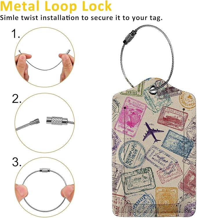 Travel Stamp 3 Pack Luggage Tags for Suitcases, PU Leather Baggage Suitcases Tag Name ID Label Privacy Cover Travel Bag Tags for Women Men Boys Girls