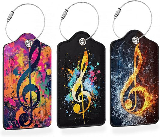 Retro Neon Treble Clef Pop Art PU Leather Luggage Tags for Suitcase, Travel Cruise 3 Pack with Privacy Flap, Name ID Label and Metal Loop for Women Men Girls Baggage Bag Backpack