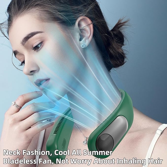 Portable Neck Fan,Personal Wearable Bladeless Fan,LED Display,4-Speeds,6000mAh USB Rechargeable,360° Strong Cooling Wind,Hands Free,Long Lasting,Birthday Gifts for Men Women Dad Mom (Dark green)
