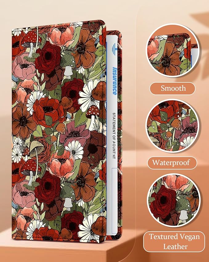 Slohif Car Registration and Insurance Holder - Flower Vehicle Glove Box Organizer Women with Magnetic Shut Leather Automobile License Holders Coasters Auto Accessories Case for Document