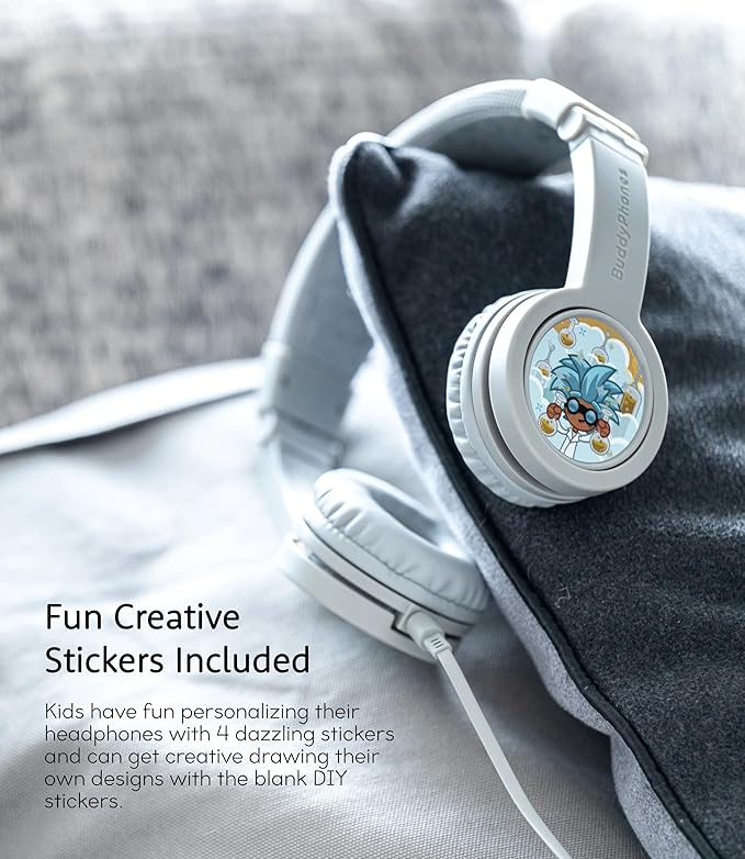 BuddyPhones Explore Plus | Foldable Kids Wired Headphones, Built-in Audio Sharing Cable with in-Line Mic - SafeAudio Volume-Limiting for Kindle, iPad, iPhone, or Android (Grey Matter)