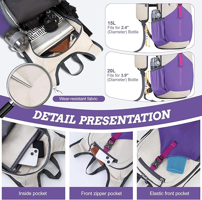 BECOJADDE 20L Small Hiking Backpack for Men Women Foldable Packable Back Pack Ultralight Hiking Daypack for Travel Camping Outdoor, Beige Purple