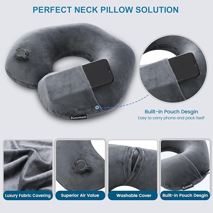 Inflatable Travel Neck Pillow, Super Soft Plane Neck Support Pillow for Travel Ariplane Sleep Support, Adjustable Neck Cushion Headrest Pillow, Folds Up Nicely, Black Grey