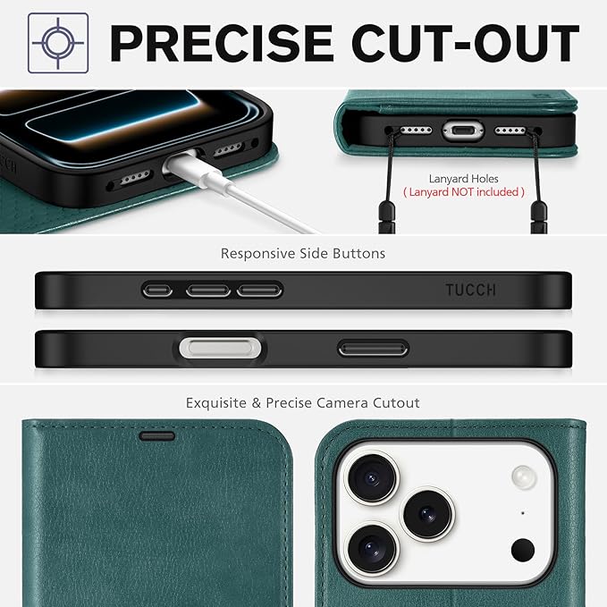 TUCCH Wallet Case for iPhone 17 Pro (6.3-Inch) 2025, 4 Card Holders, RFID Blocking, Stand, Shockproof TPU Shell, PU Leather, Magnetic Closure, Protective Flip Folio Cover, Teal Blue