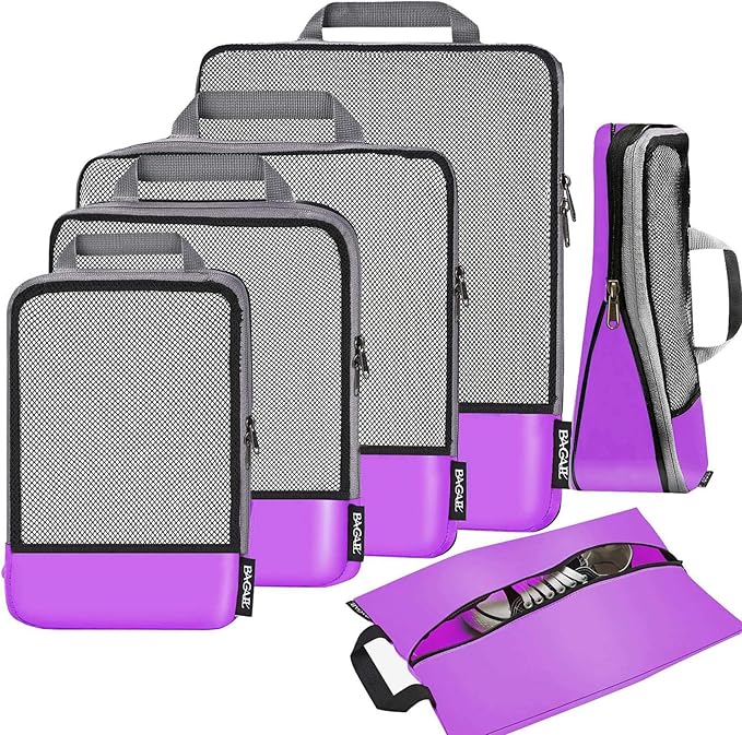 BAGAIL 4 Set/6 Set/8 Set Compression Packing Cubes Travel Accessories Expandable Packing Organizers(Purple HalfMesh 6 Set)