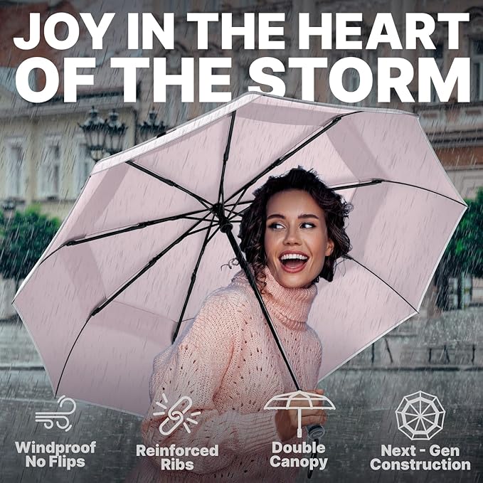 Royal Walk Windproof Folding Travel Umbrella Compact and Strong Luxurious Real Wood Handle Automatic Open Close Vented Double Canopy for Men and Women