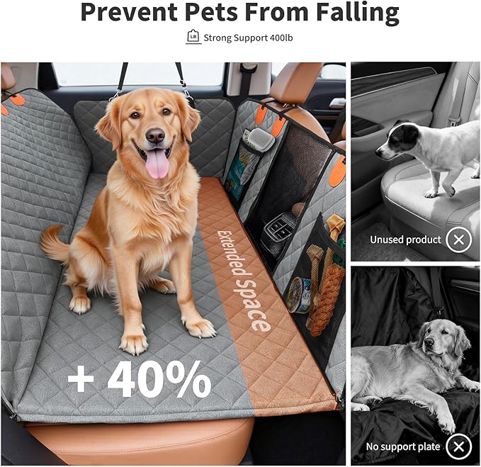 HOTEAGLE Dog Seat Covers for Back Seat, Hard Bottom Back Seat Extender for Dogs, 600D Upgraded Material Waterproof and Comfortable with 400lbs Holds, Ideal for Car Trips and Outdoor Adventures（Grey）