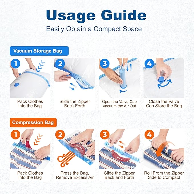 HOUSE DAY 22 Pack Vacuum Storage Bags with Pump,Space Saving Vacuum Seal Bags For Clothing Travel,4 Jumbo/4 Large/4 Medium/4 Small, 4S Roll/2XXS Roll Bags, Hand Pump Included, Sealer Clothes Storage