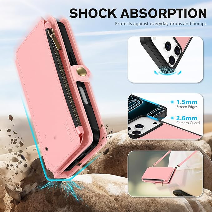 TUCCH Detachable Crossbody Wallet Case for iPhone 17 Pro 6.3", 9 Card Slots RFID Blocking | Stand | Lanyard Wrist Strap | Wireless Charging | Zipper Pocket | PU Leather Magnetic Flip Cover | Rose Gold