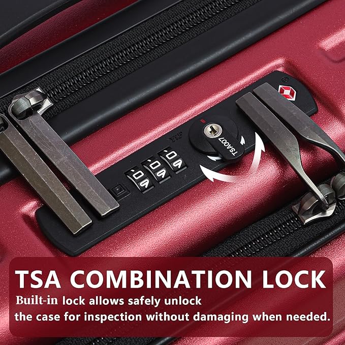 TydeCkare 20 Inch Carry On Luggage with Front Pocket, 21.65 * 15.35 * 7.87" Suitable for Airplane Overhead Bin, 34L PC+ABS Hardshell, Wine Red