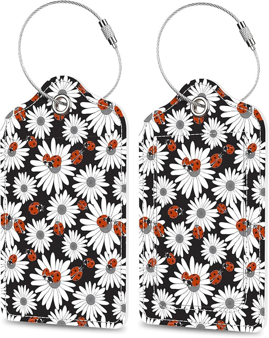 Chamomile and Ladybugs Luggage Tags 2PCS PU Leather Suitcases Tag with Stainless Steel Loop and Privacy Name Address Cover Label Card for Women Men Travel