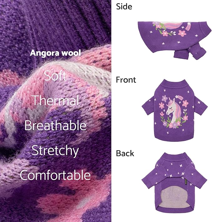 Fitwarm Adorable Unicorn Dog Sweater, Thermal Dog Winter Clothes for Small Dogs Girl, Pet Outfit, Purple, Pink, White, Medium
