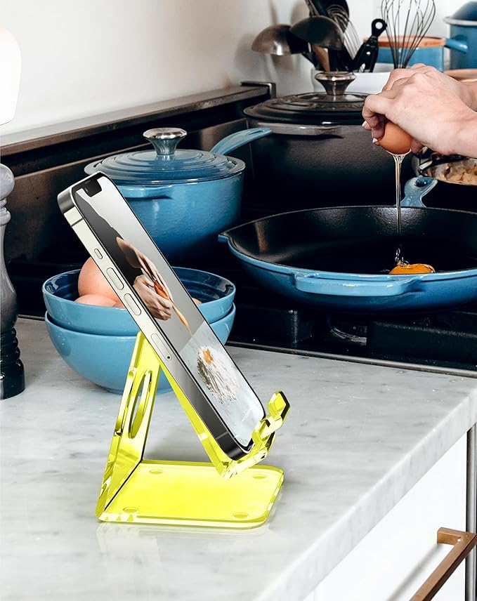 TOPGO Acrylic Cell Phone Stand, Clear phone Holder for Office Desk, Vanity, Kitchen Counter, Bedside Table, Compatible with iPhone 17 16 15 14 13 12 Pro Max Plus/Smartphones/iPad/Switch/Kindle(Yellow)