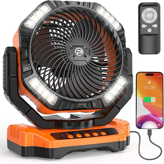 40000mAh Camping Fan with Light - 12in Rechargeable Battery Powered Fan (136H Cool Max), 90°Auto Oscillating with Remote & Charger, 4 Speeds & Timers for Outdoor/Patio/Garage/Jobsite/Hurricane/Outage
