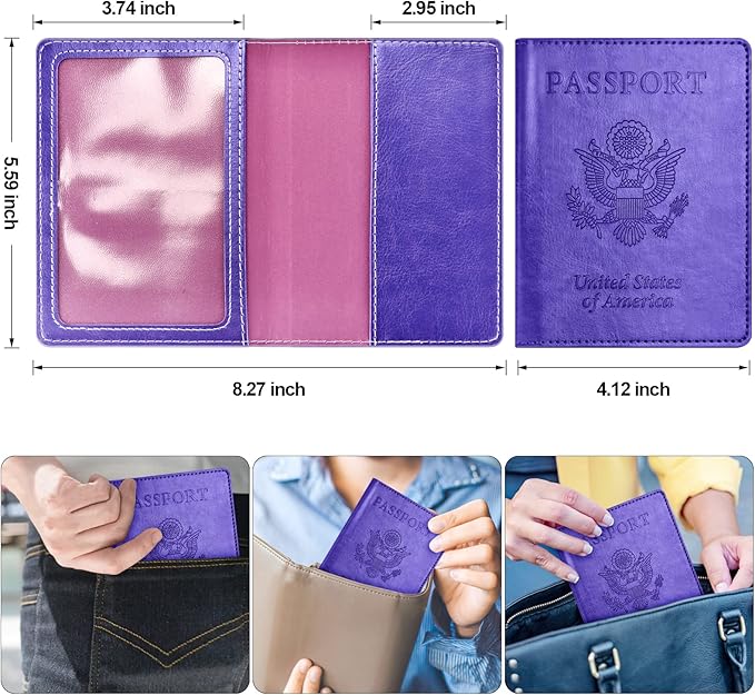 Passport and Vaccine Card Holder Combo, Passport Holder with Vaccine Card Slot, Passport Wallet, Passport Cover, Passport Case, Passport Holder for Women and Men(AKA-Bright purple)
