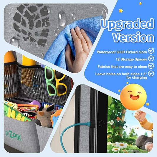 Car Backseat Organizer with Tablet Holder,11 Storage Pockets with Foldable Food Tray, Protector Kick Mats for Kids, Travel Accessories Organizer (Gray, 2Pack)