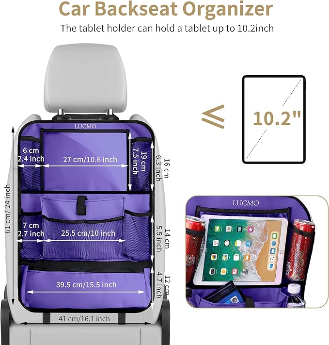 LUCMO Car Backseat Organizer with Touch Screen Tablet Holder-2 Pcs,9 Storage Pockets Car Storage Organizer Protectors Kick Mats Travel Accessories for Kids-Purple