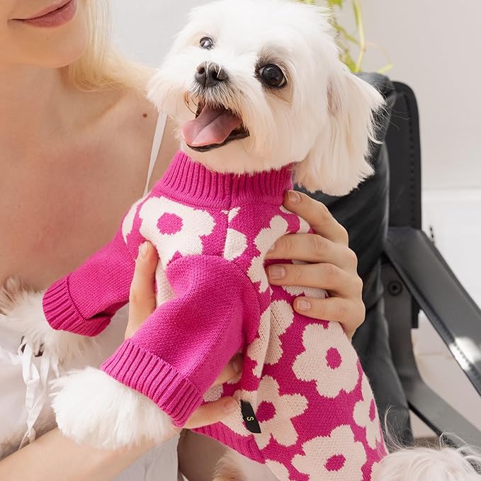 Fitwarm Floral Dog Sweater - Thermal Dog Sweatshirt, Hot Pink, White, Small