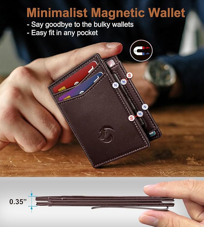 Housmai Magnetic Closure Slim Wallet with Money Clip Gift Boxed,Genuine Leather Front Pocket Wallet for Men, 3.9"x 2.8", RFID Blocking