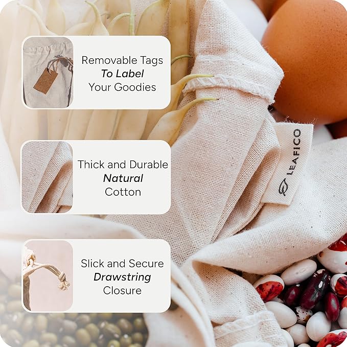 LEAFICO Organic Cotton Produce Bags - Medium 8x10 Inch (12 Bags) - Reusable Muslin Storage Bags with Drawstrings - Biodegradable Canvas Fabric - Perfect for Snacks, Clothes