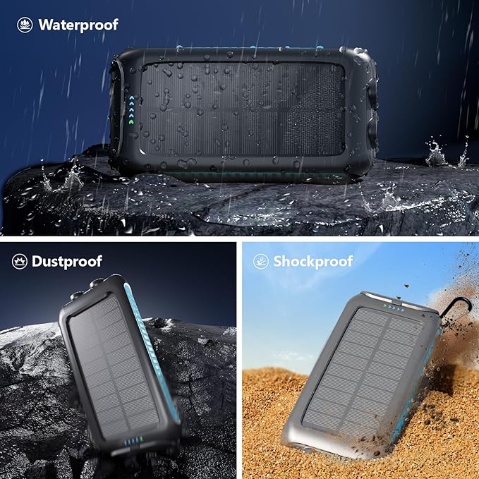 Solar Charger Power Bank 49800mAh Portable 15W Fast Charging Power Bank with QC3.0 USB-C & Dual USB-A Ports for Cell Phones, LED Flashlight, Carabiner, Waterproof Solar Panel for Camping, Outdoor