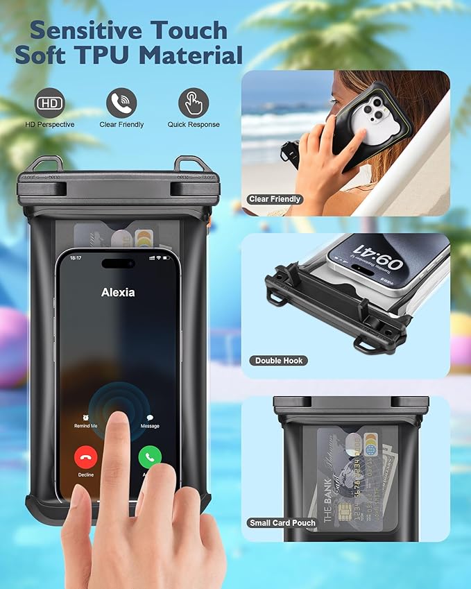 Waterproof Phone Pouch Floating- [3D Clear Soft Edges ] IP68 Waterproof Phone Case - iPhone 16/15/14/13 Pro Max Samsung 24/23/22 Ultra Google Up 7.5" - Detachable Lanyard - Front Clear + Back Bear