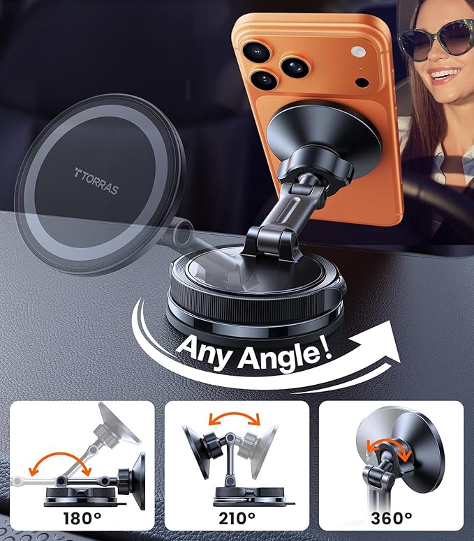 TORRAS 2026 Vacuum for Magsafe Car Mount【98+LBS Strongest Suction & Ultra Magnet】 Magnetic Phone Holders for Your Car, 360° Adjustable Car Phone Holder Mount for iPhone 17 Pro Max 16 15 14 13 12