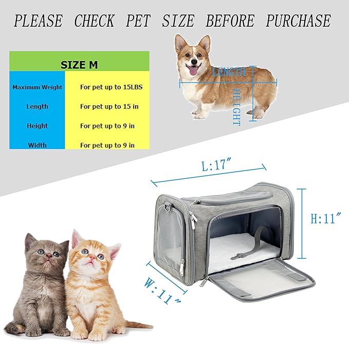 Soft Sided Carrier for Small Medium Cats Dogs,TSA Airline Approved Collapsible Travel Pet Carrier Medium Grey